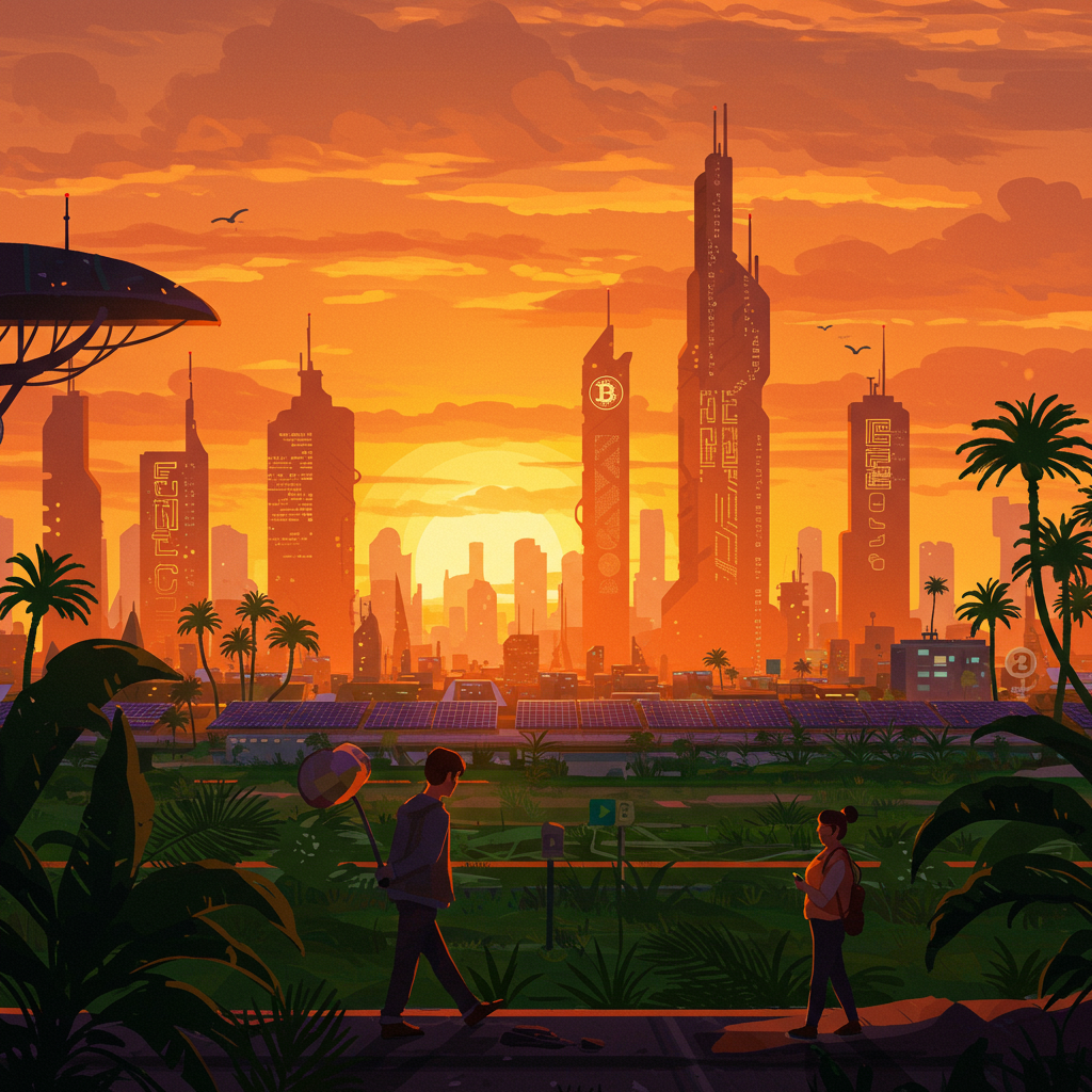 Isometric Bitcoin village marketplace with agents